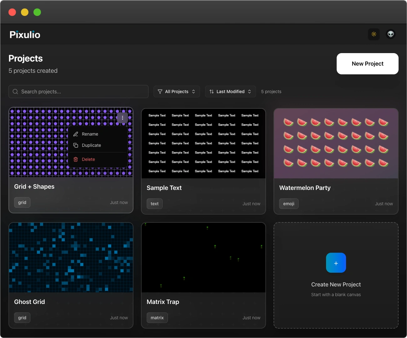 Pixulio project management interface showing saved background creations